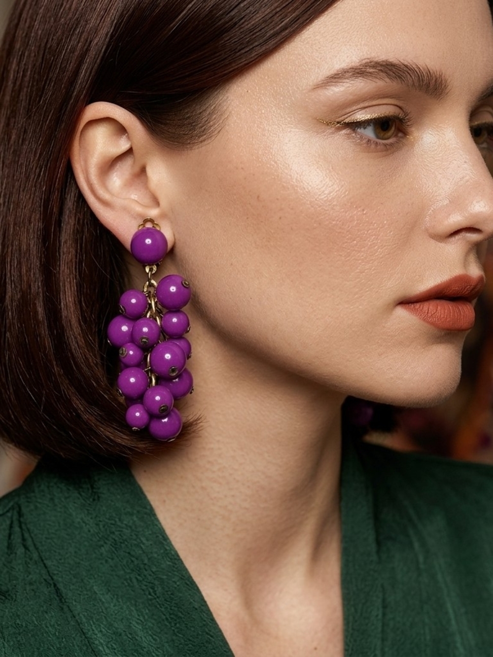 Vtg Purple Grape Cluster Statement Drop Post Earrings Acrylic Bead Cha Cha Gold